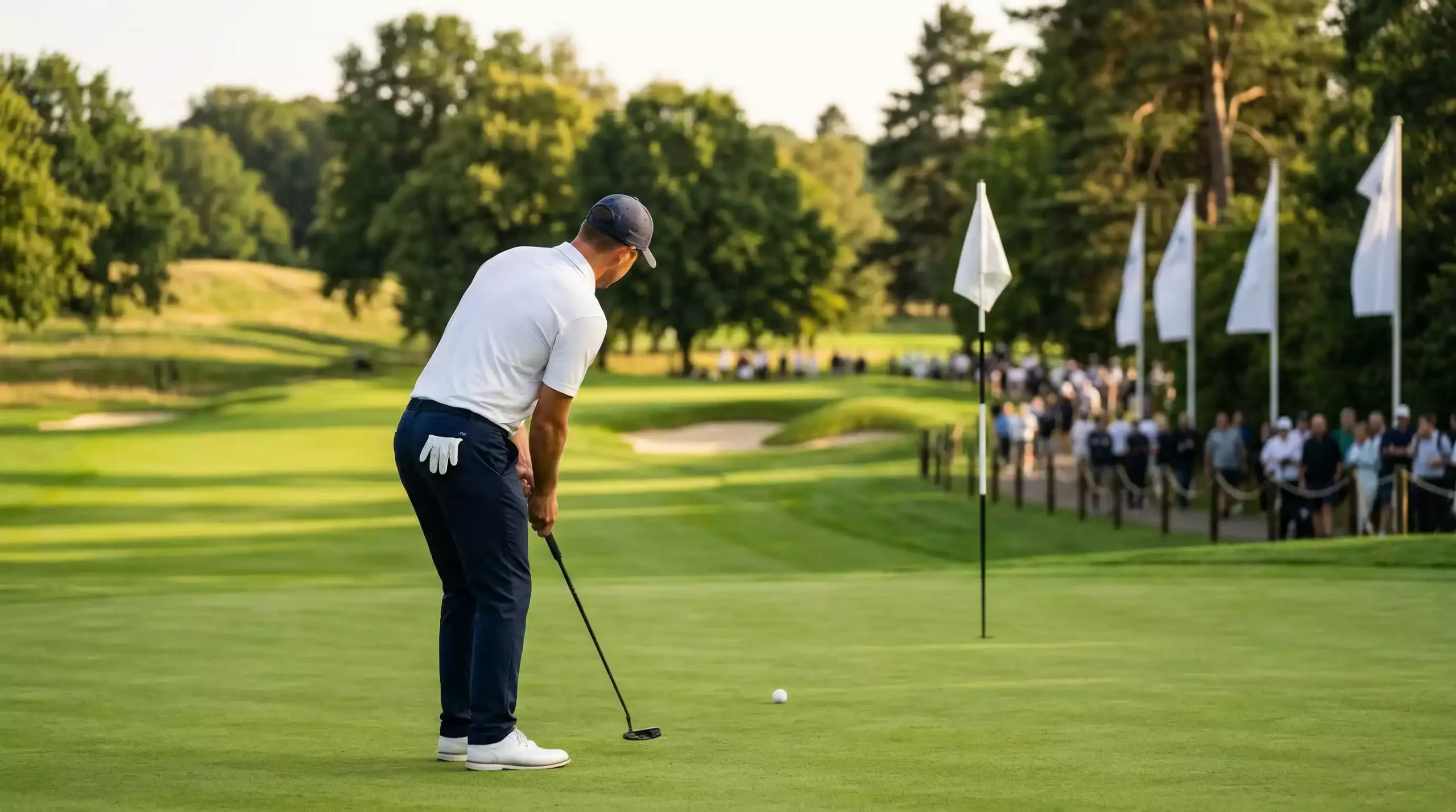Campo de golf europeo durante torneo del DP World Tour con golfista en green