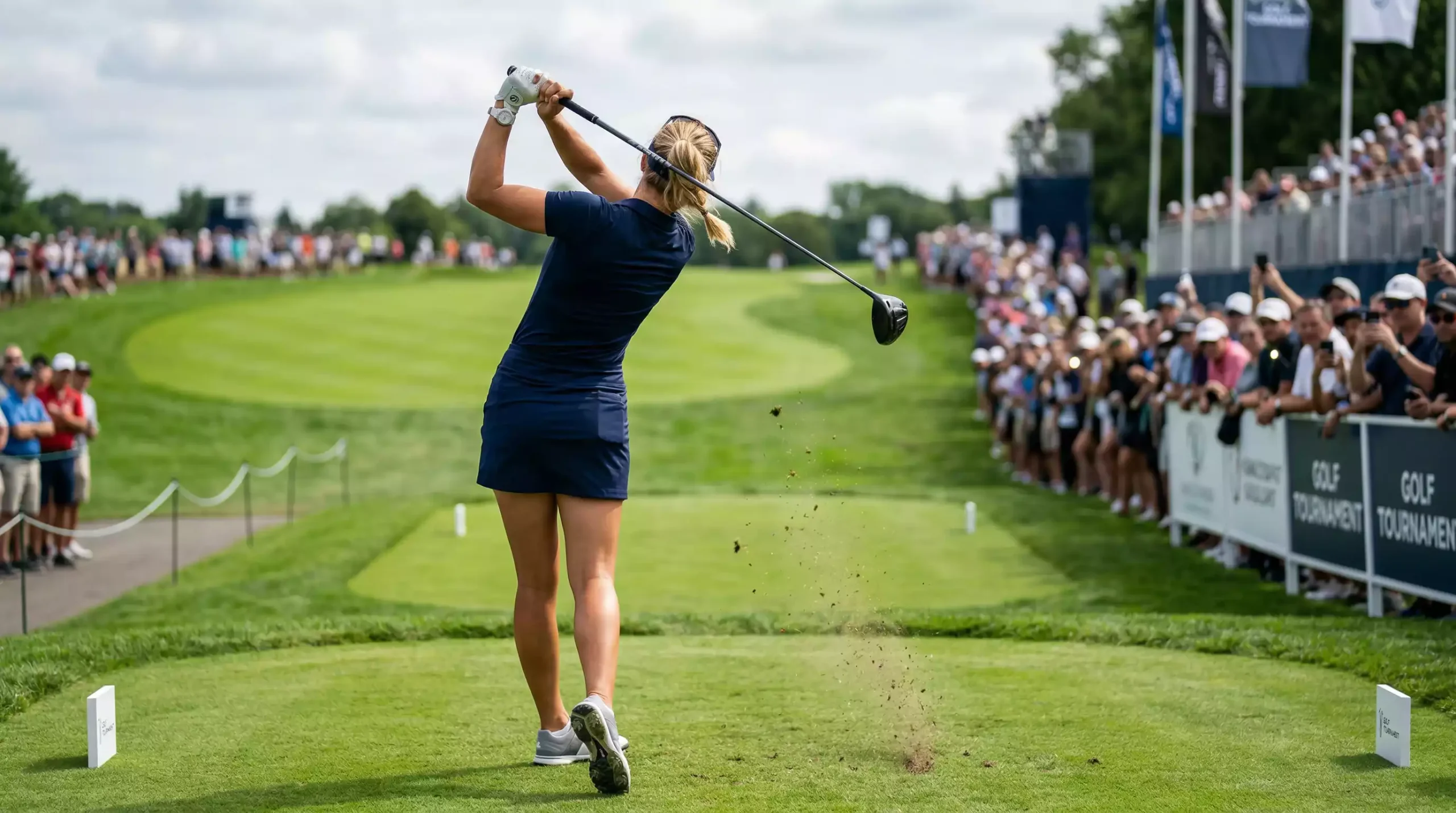 Golfista profesional femenina ejecutando swing durante torneo del LPGA Tour