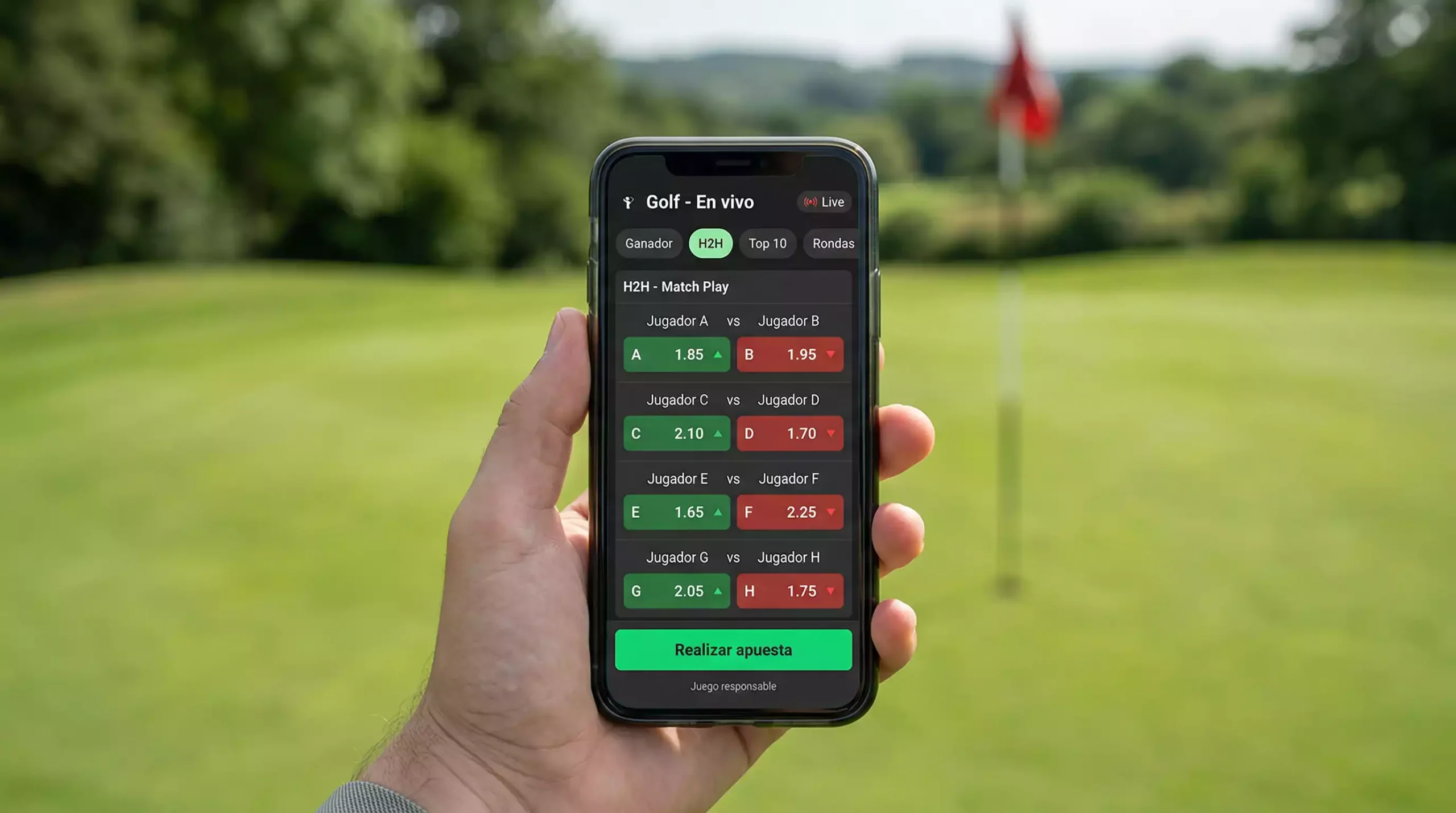 Smartphone mostrando aplicación de apuestas de golf con mercados en pantalla