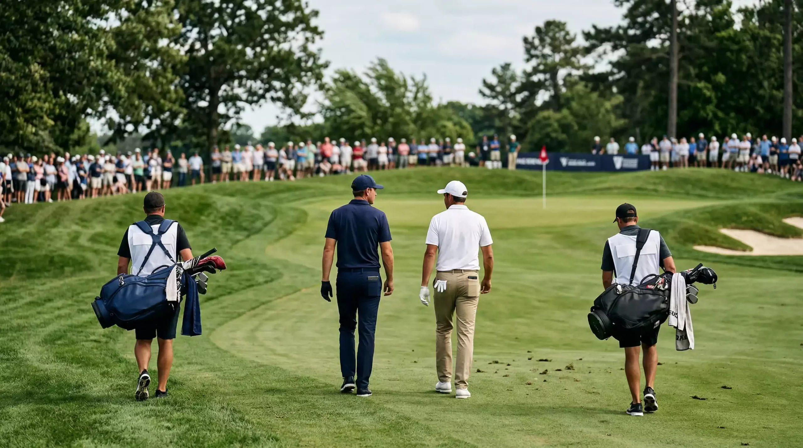 Dos golfistas profesionales compitiendo lado a lado en el mismo hoyo