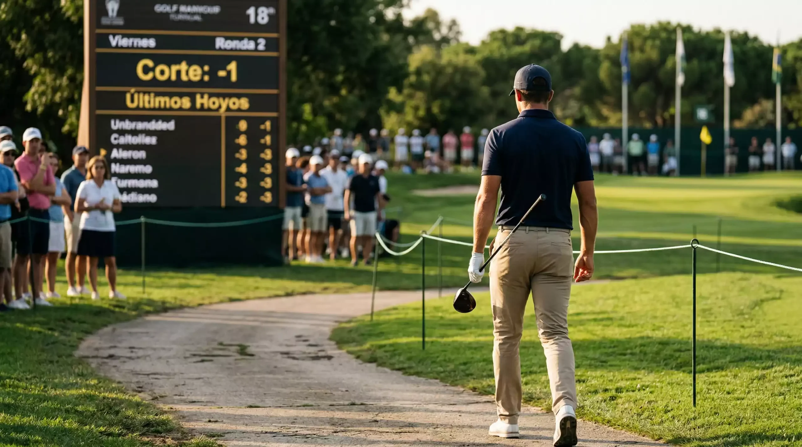 Golfista caminando hacia el hoyo 18 con expresión concentrada durante ronda de corte