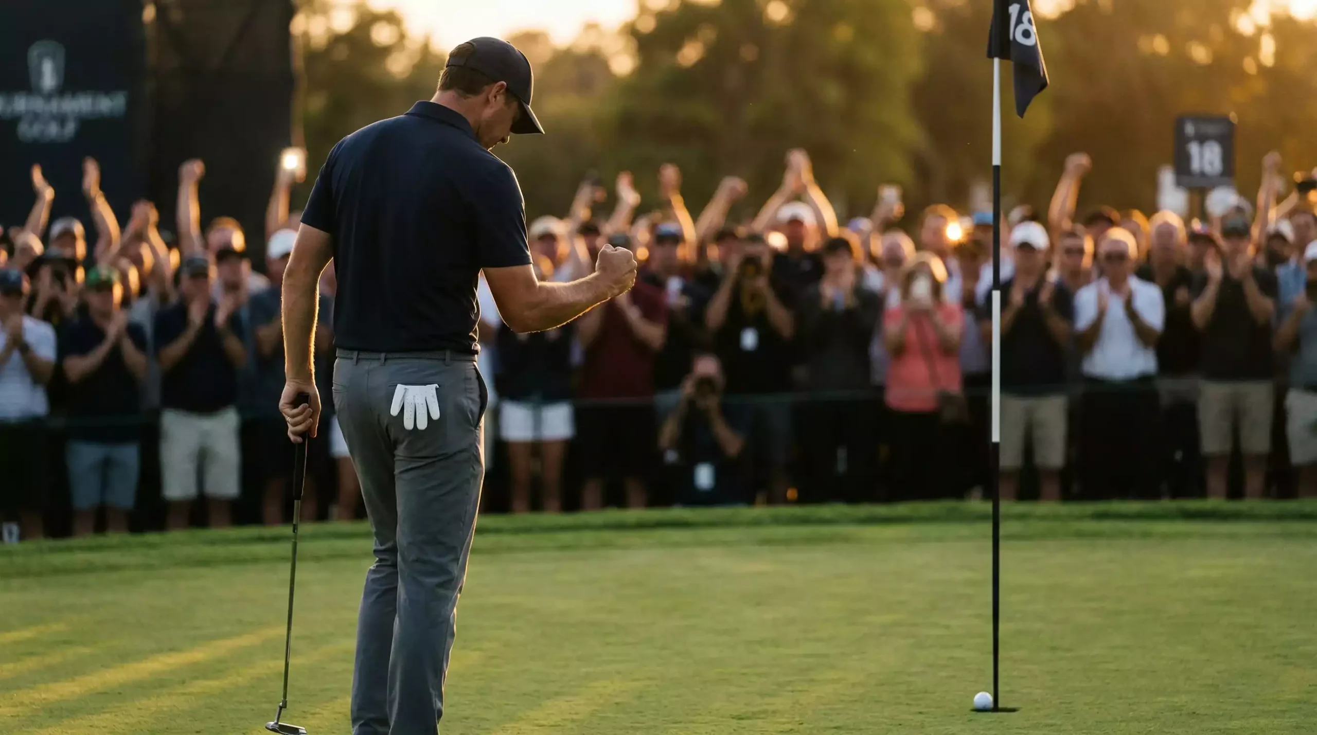 Golfista desconocido celebrando un putt importante durante torneo profesional