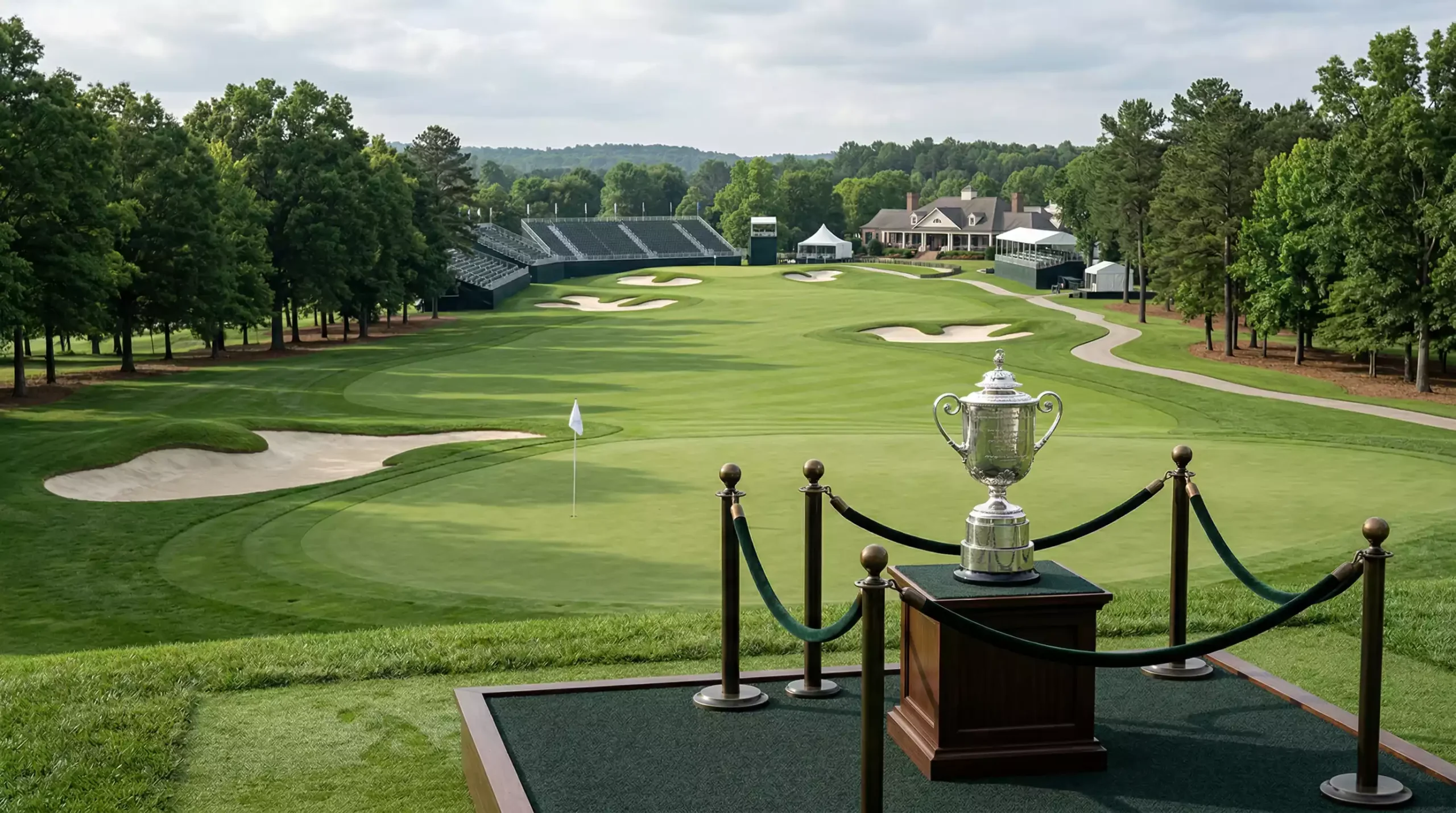 Campo de golf profesional durante el PGA Championship con tribunas y espectadores