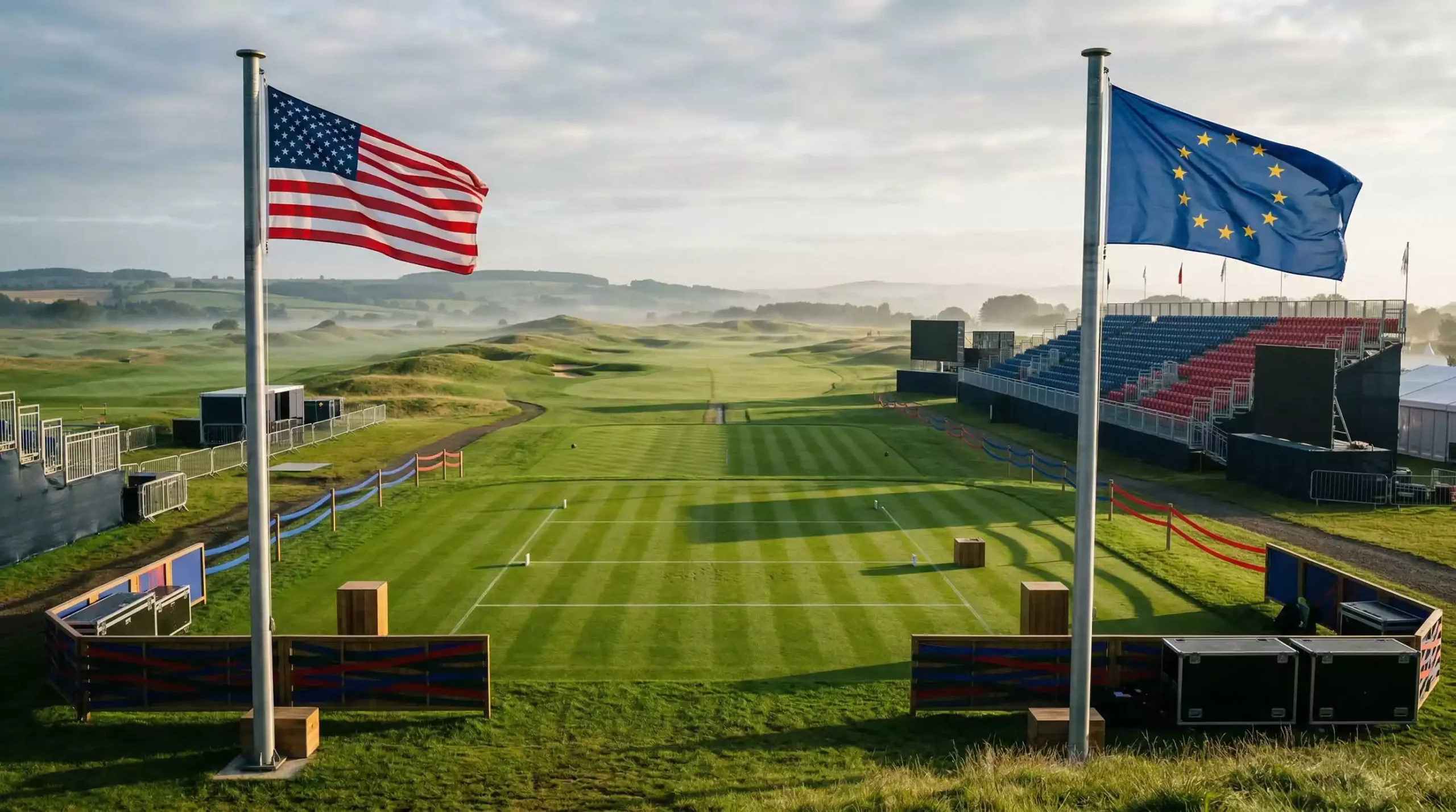 Primer tee de la Ryder Cup con banderas de Europa y Estados Unidos y aficionados