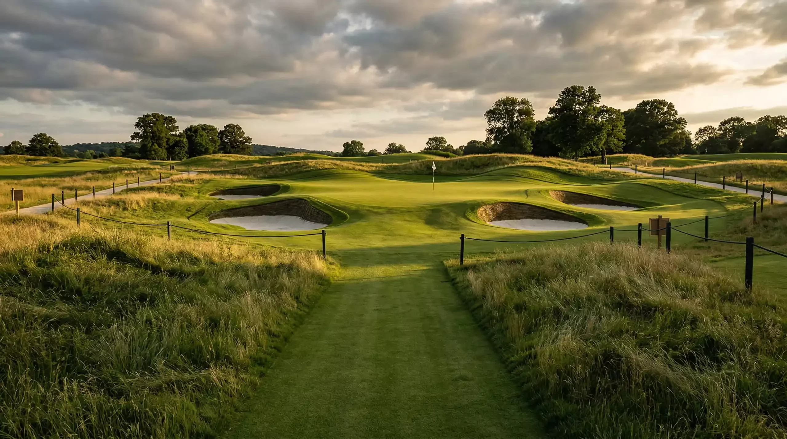 Campo de golf del US Open con rough alto y calles estrechas características del torneo