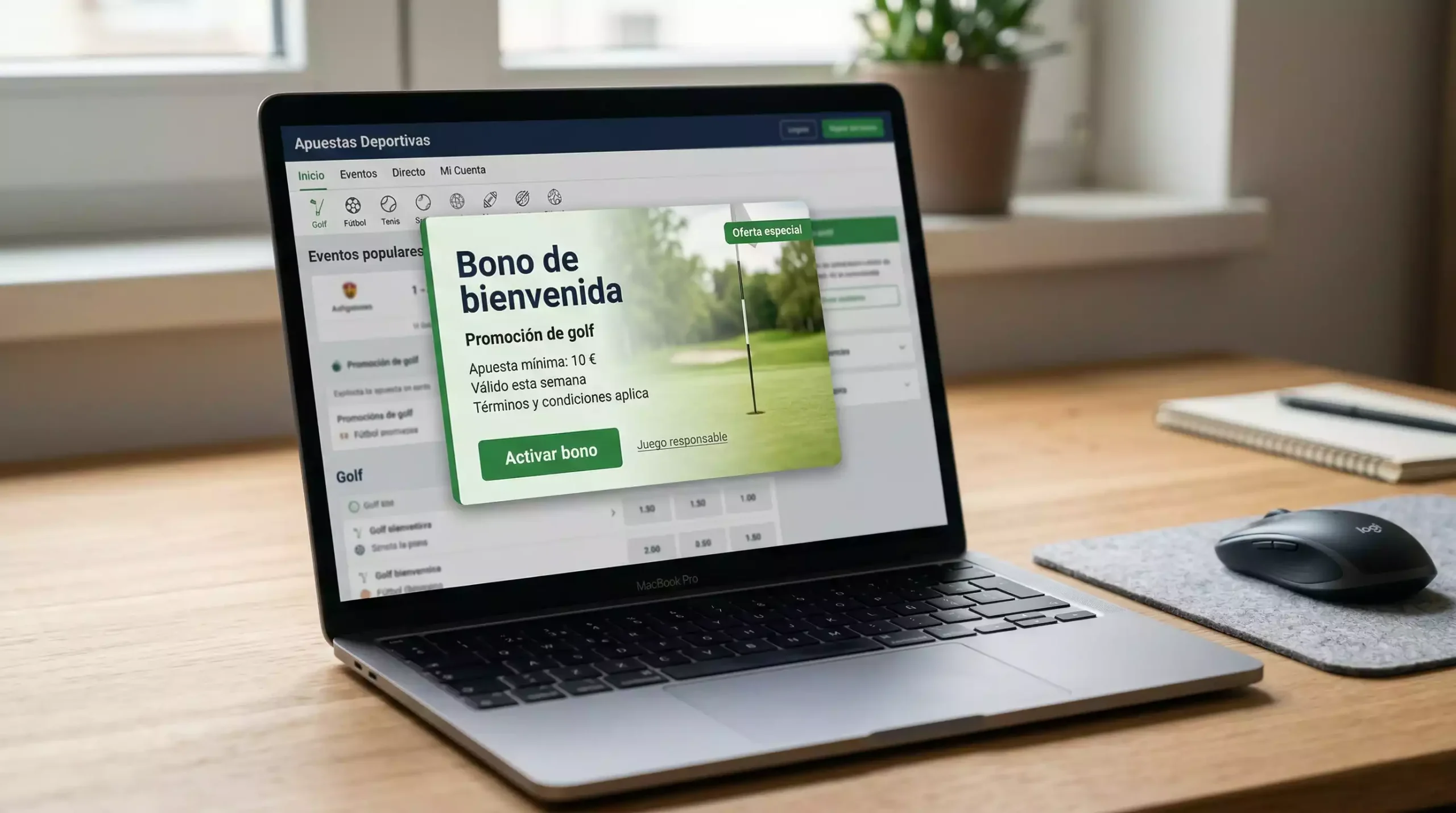 Pantalla de bienvenida de casa de apuestas mostrando oferta promocional de golf