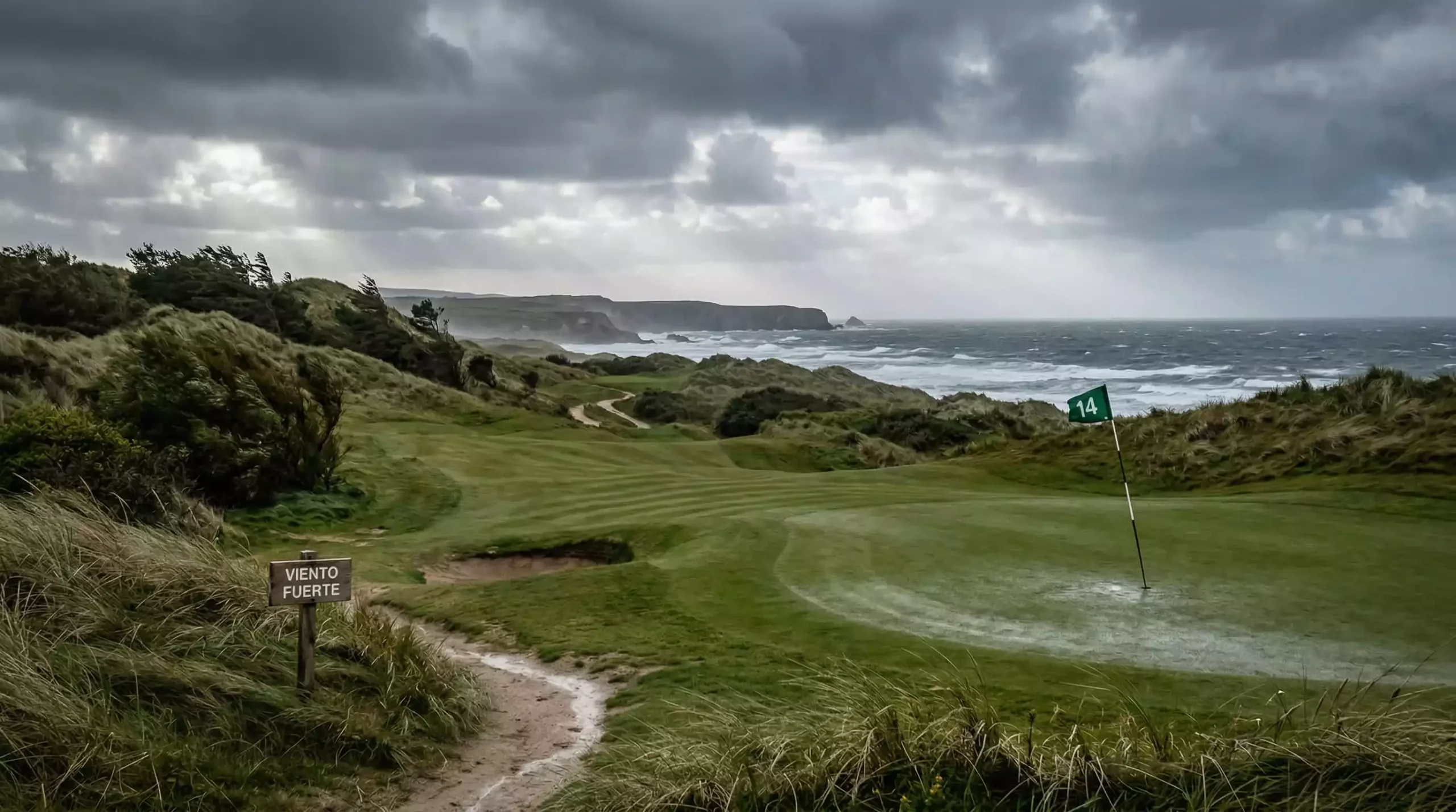 Campo de golf con viento fuerte doblando banderas y árboles durante torneo