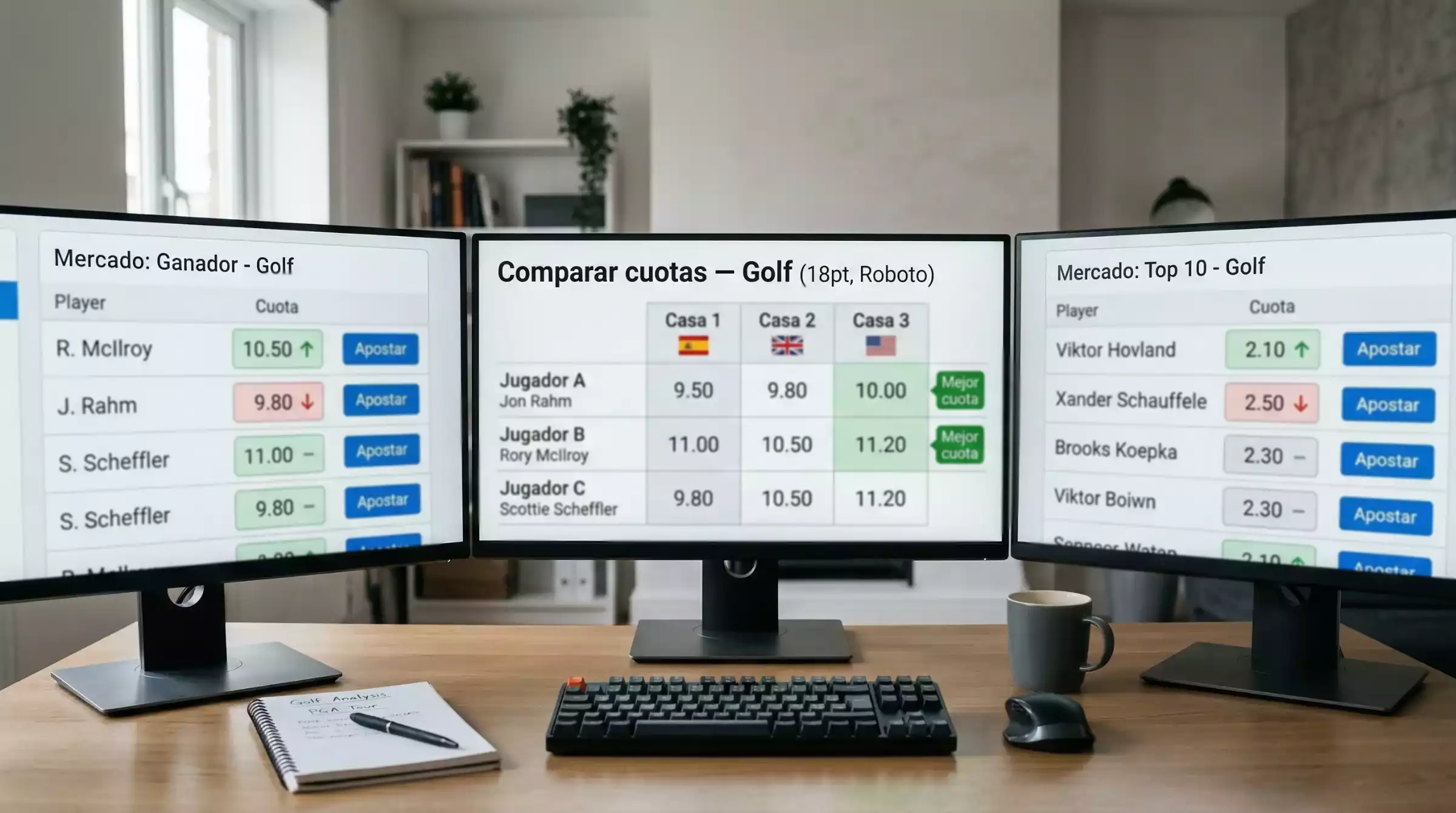 Múltiples pantallas mostrando cuotas de diferentes casas de apuestas para golf