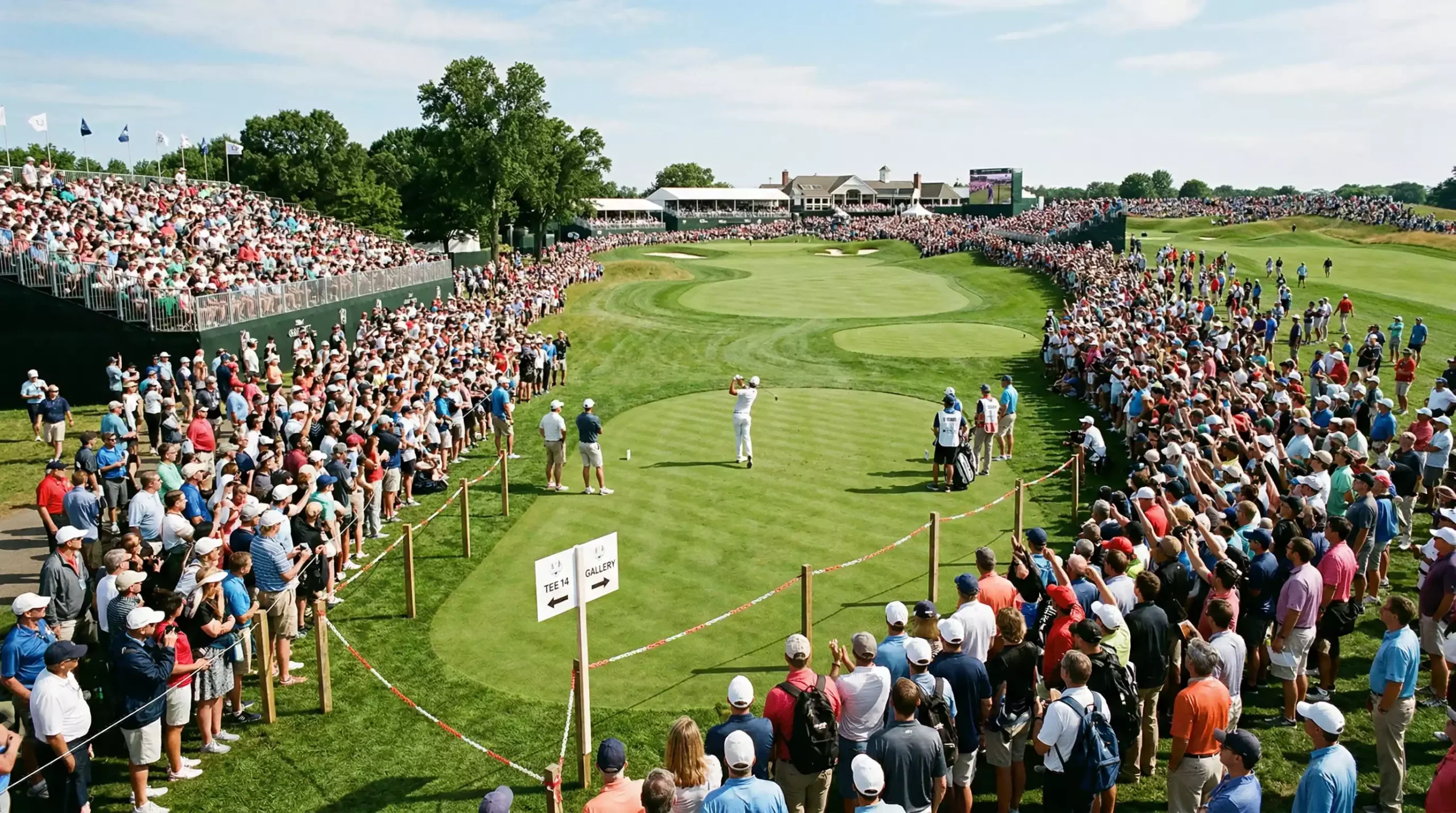 Campo de golf lleno de espectadores durante torneo profesional con gran audiencia