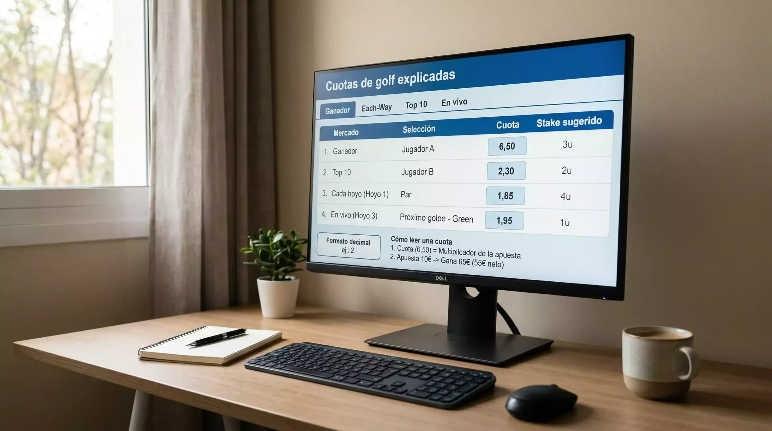 Pantalla mostrando cuotas de apuestas de golf con diferentes mercados y probabilidades
