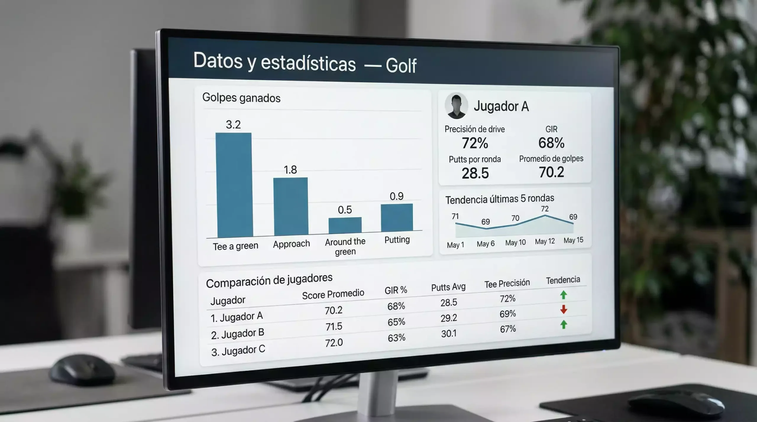 Pantalla de ordenador con gráficos y estadísticas de rendimiento de golfistas