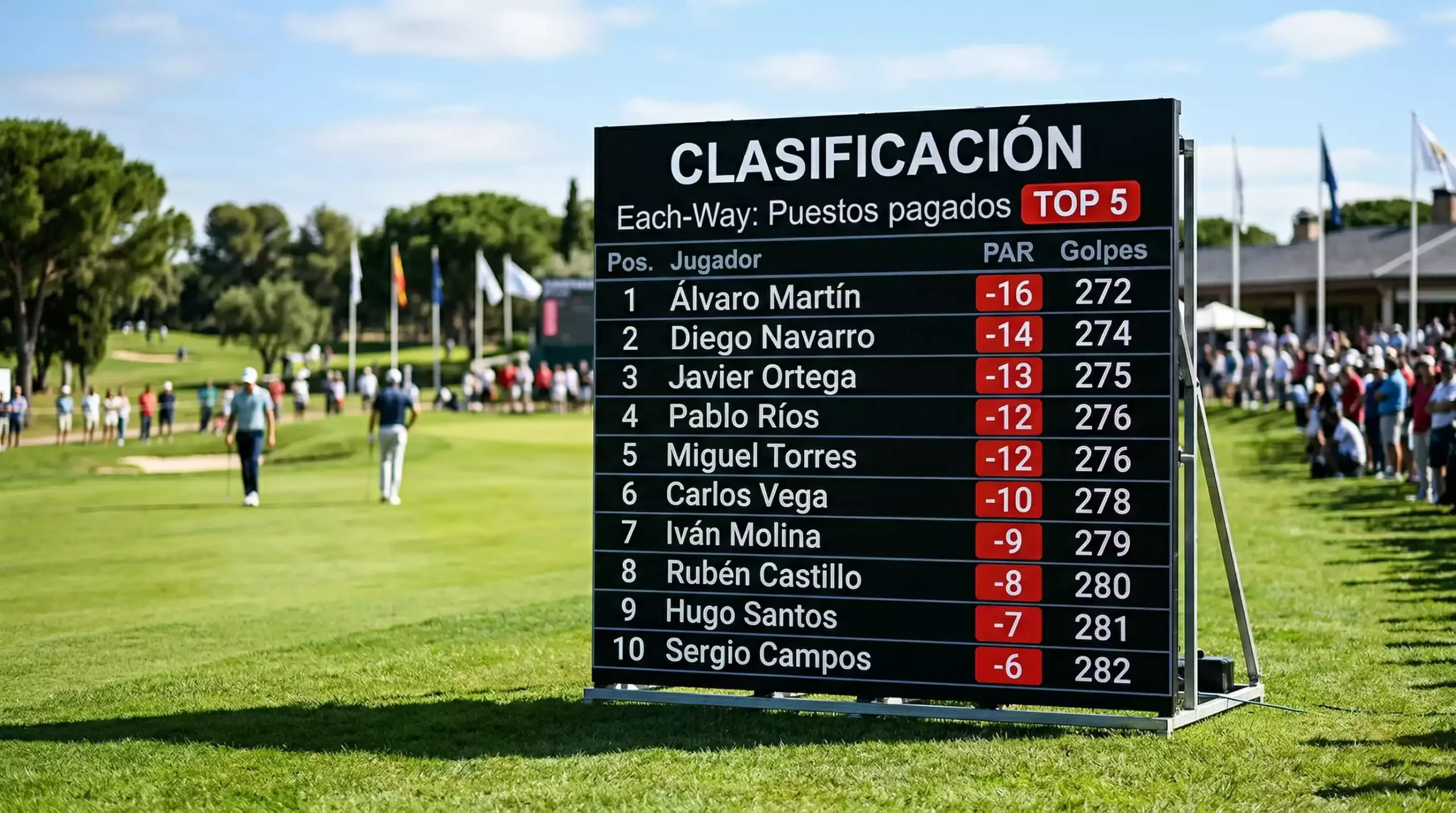 Tabla de clasificación de torneo de golf mostrando posiciones y puntuaciones