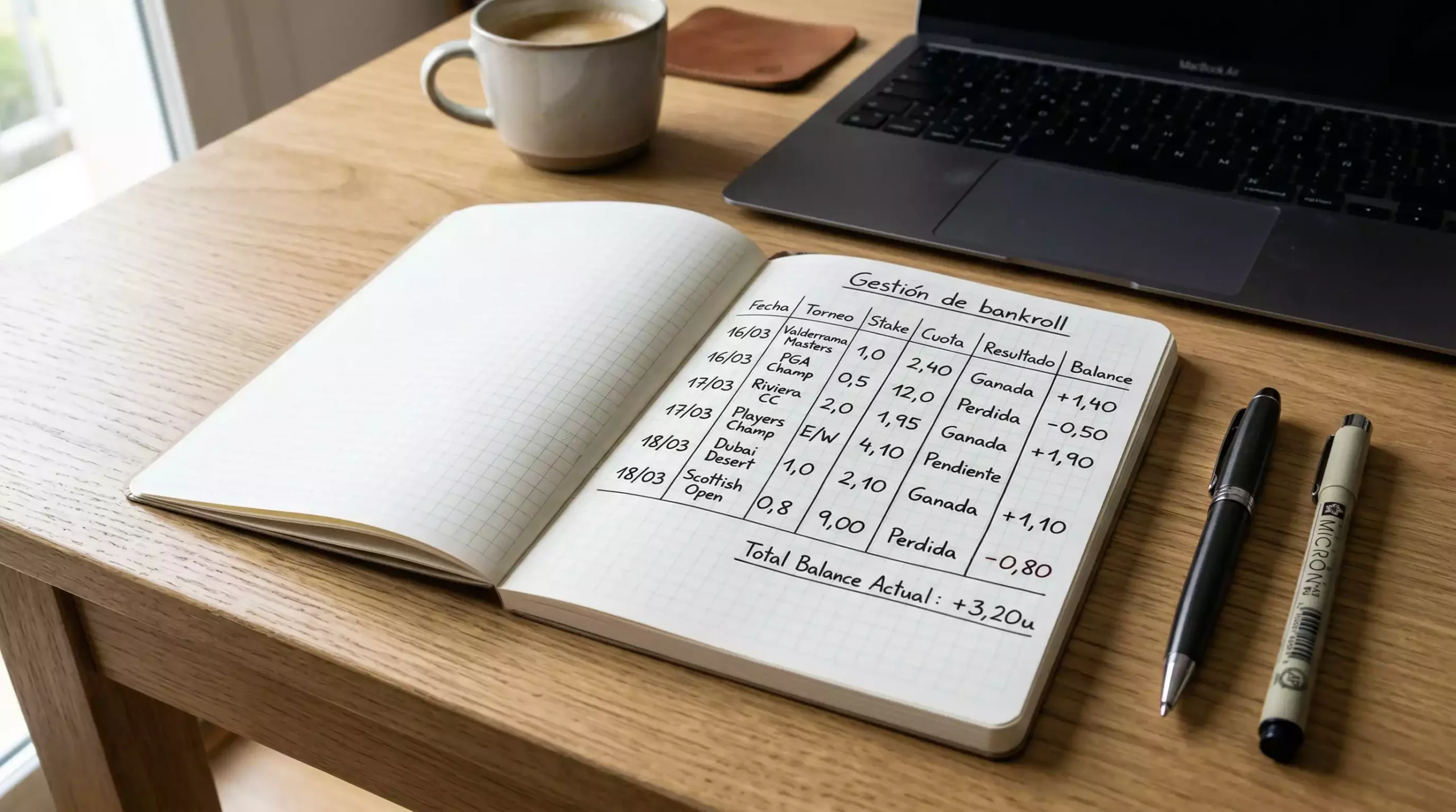 Escritorio con libreta de anotaciones y bolígrafo para registro de apuestas de golf