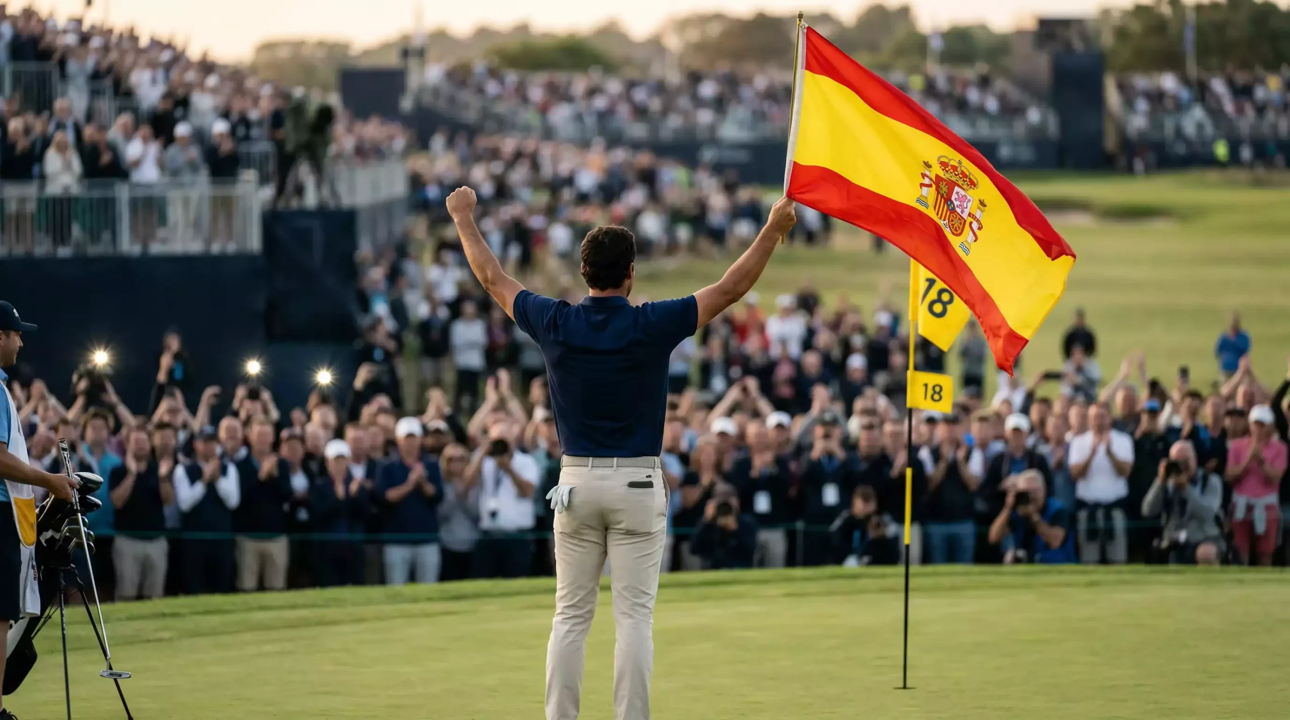 Golfista español celebrando con bandera de España tras victoria en torneo