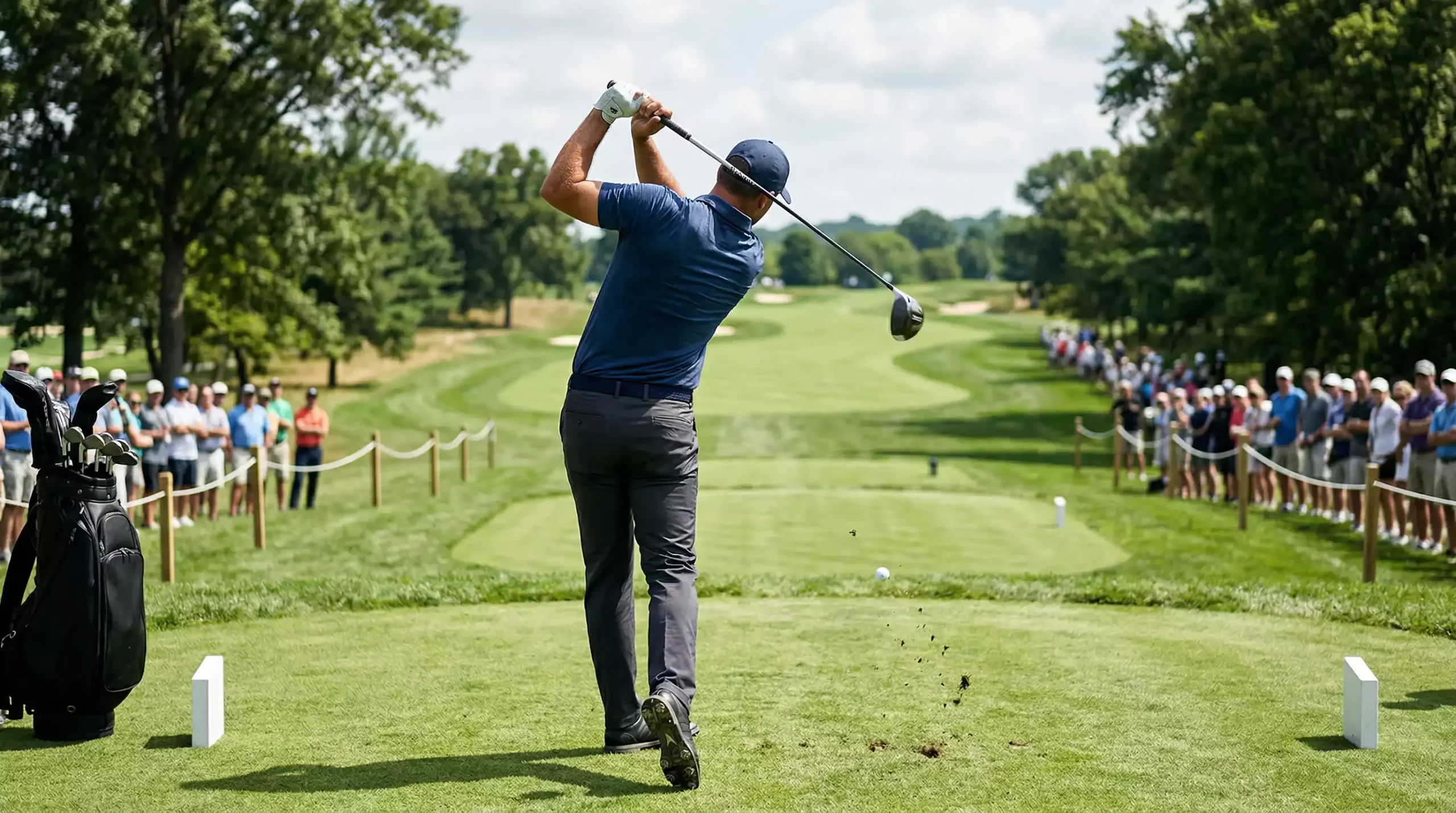 Golfista profesional ejecutando un golpe en torneo con espectadores de fondo