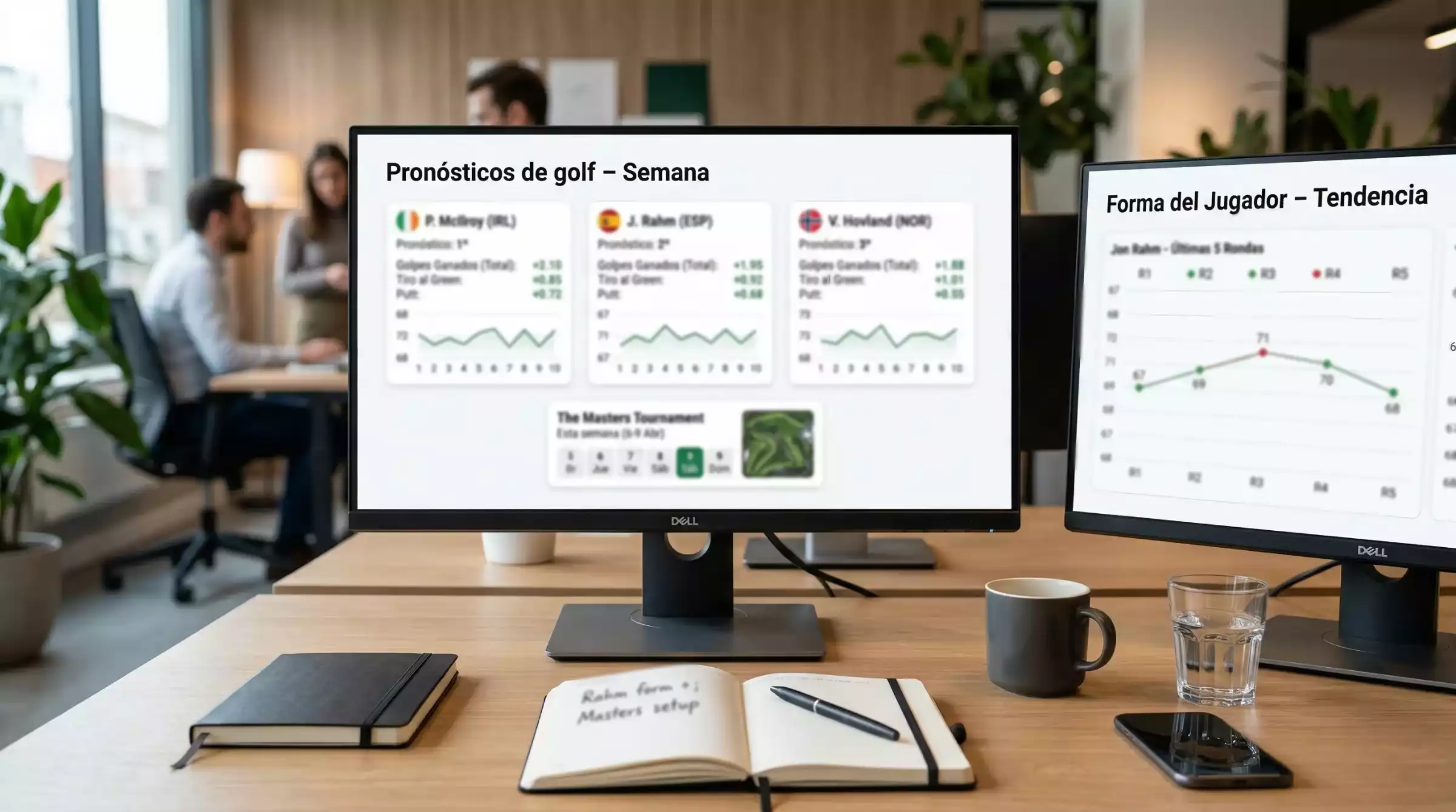 Analista revisando estadísticas de golfistas en pantalla con datos y gráficos